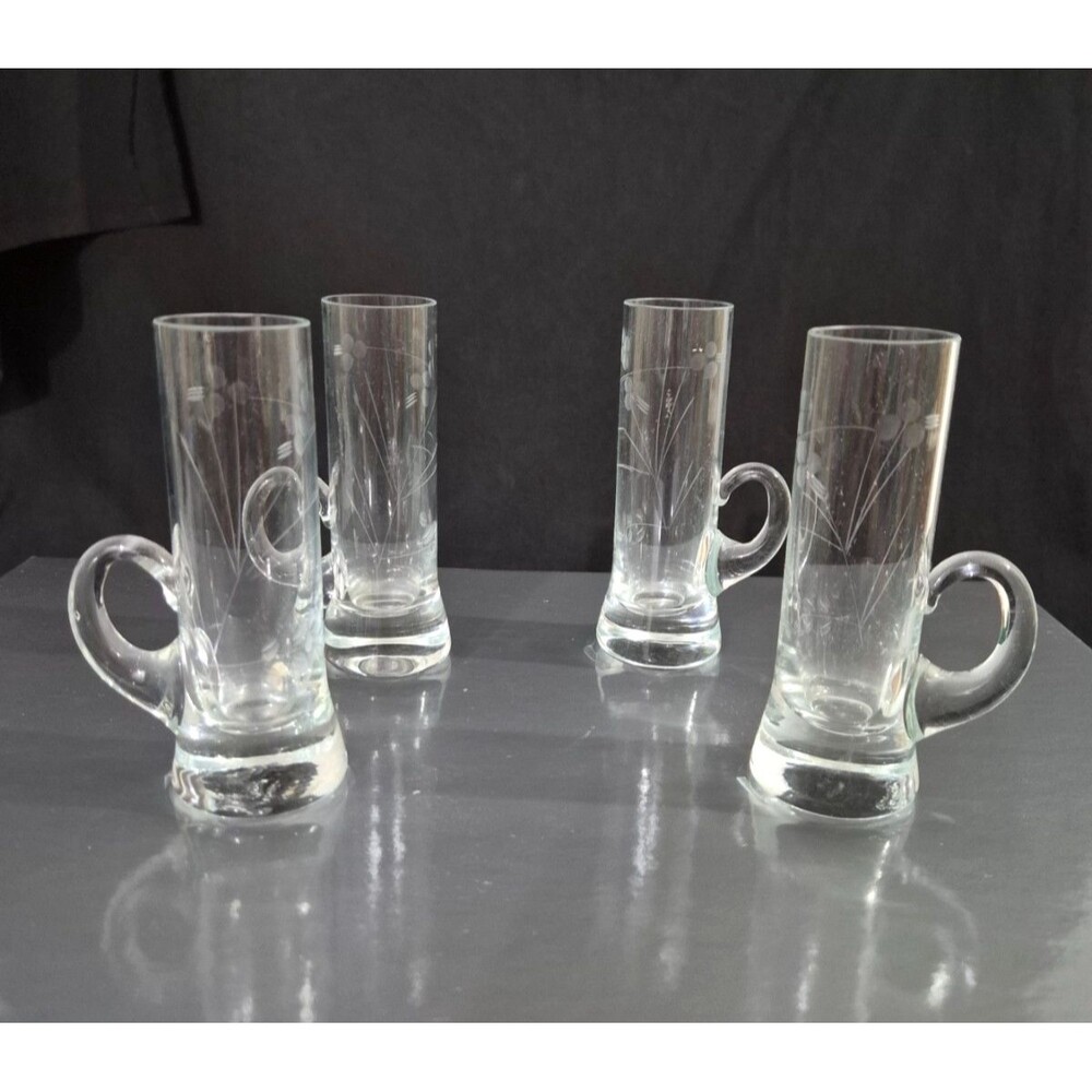 Vintage Cut Crystal Shot Glass Set Of 4 Made in Poland  Floral Pattern 4”